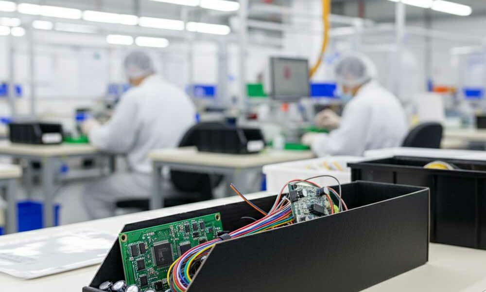 Conductive picking bins on a workbench in a factory