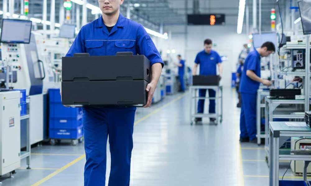 Corstat conductive tote boxes A person carrying Corstat conductive tote boxes in a factory