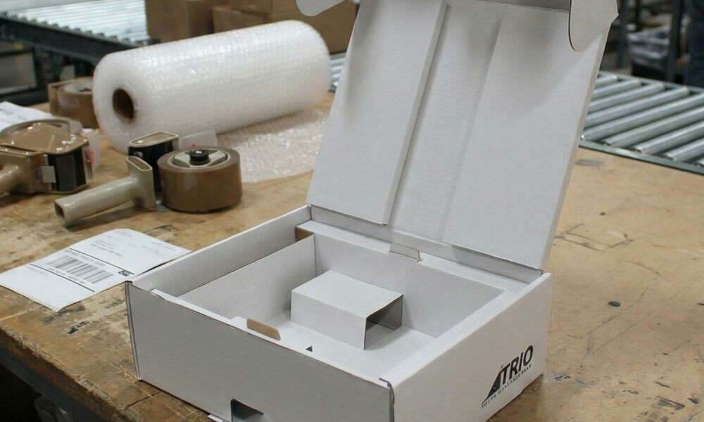 Custom box inserts in packaging on a packing desk in an eCommerce fulfilment centre