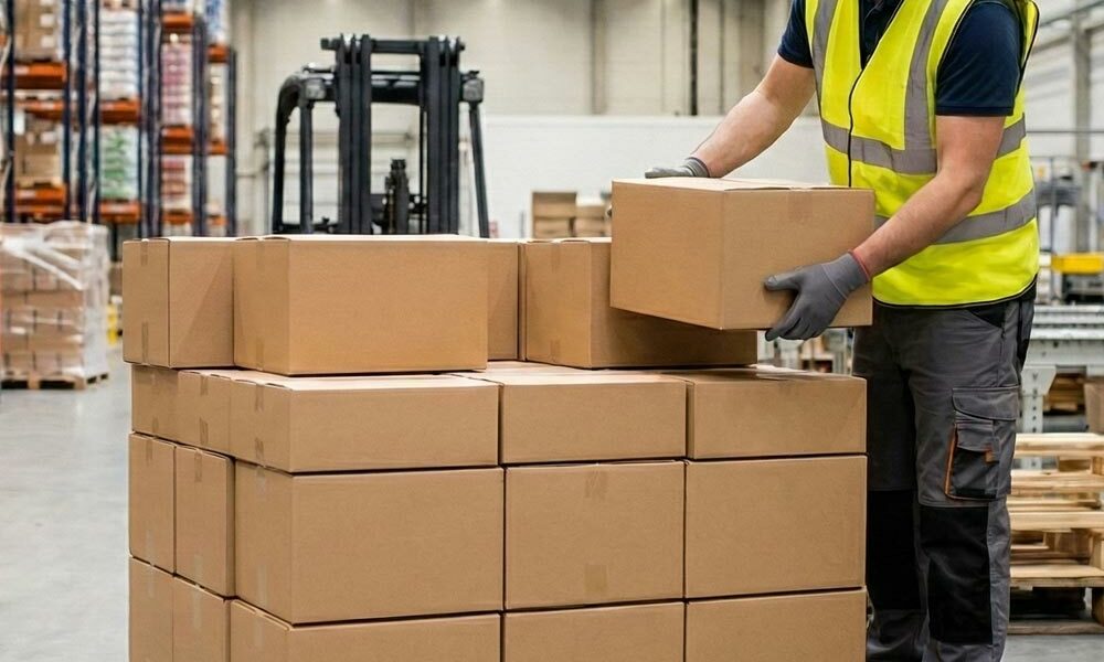 A person stacking custom boxes for pallet shipping in a warehouse