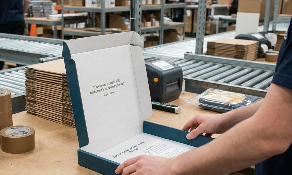A person assembling die cut boxes in an eCommerce fulfilment centre