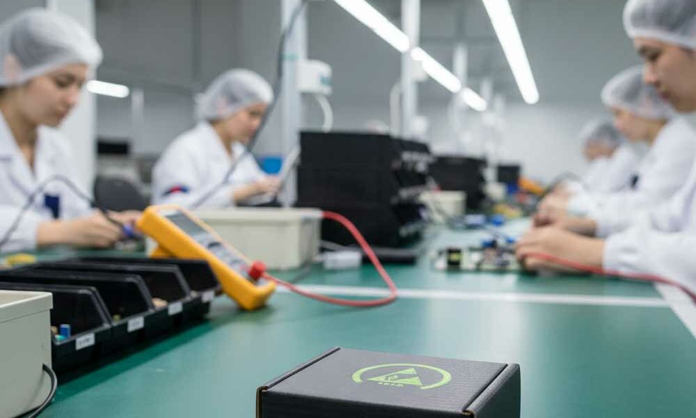 An ESD component box on a packing bench in an electronics factory