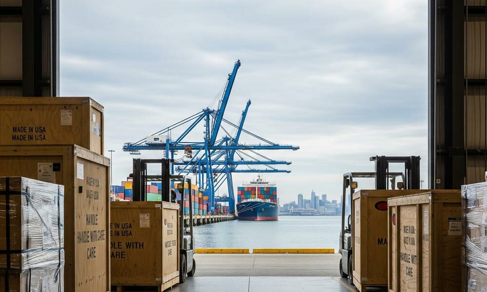Export packaging in the entrance of a warehouse