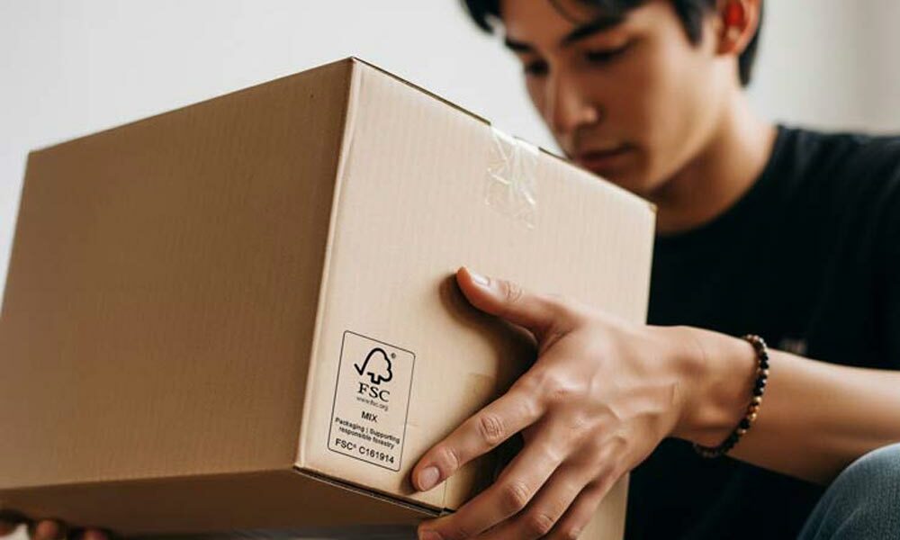 A person holding FSC packaging
