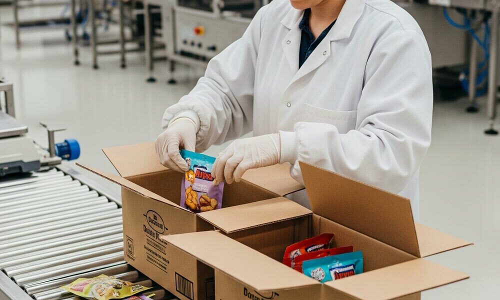 A person packing food products into corrugated packaging in a food processing facility.