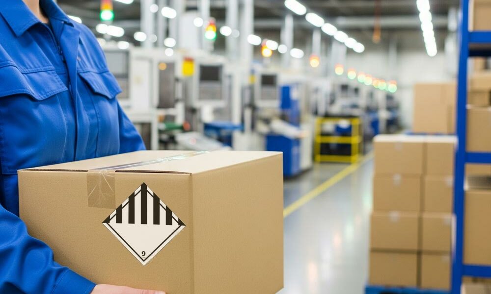 A person carrying hazardous goods packaging