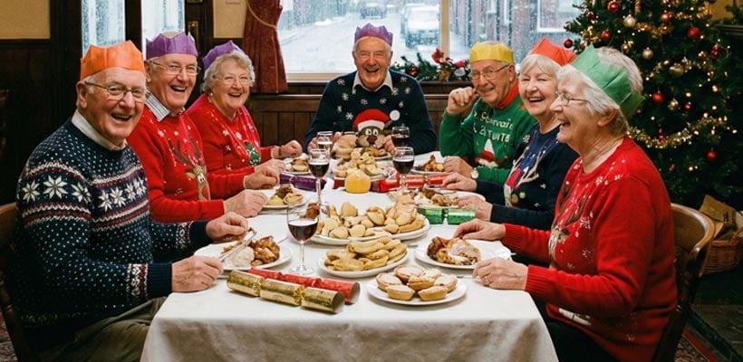 A group of people sat in a pub at Christmas
