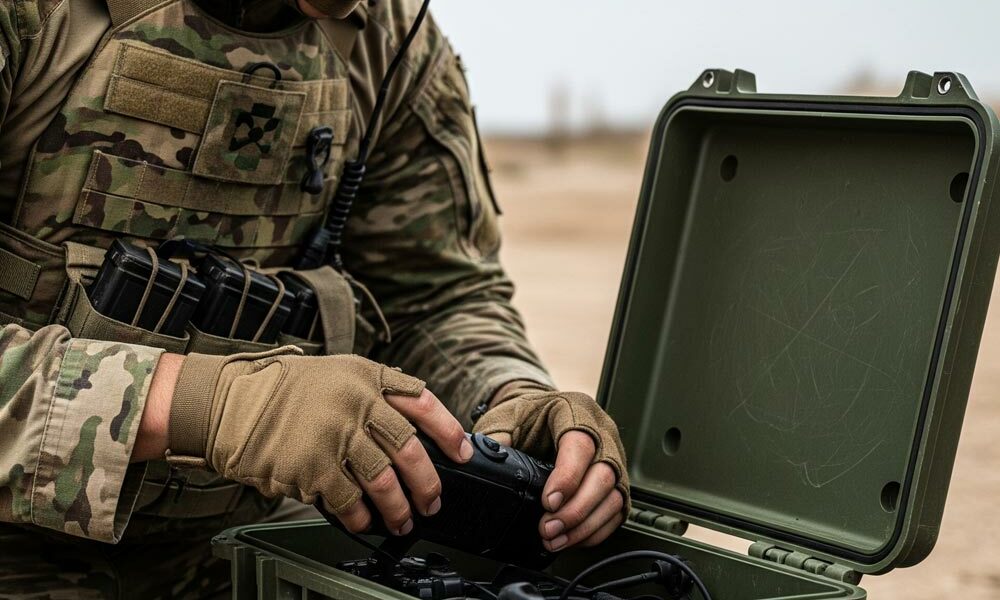A member of the military removing comms gear from a protective case