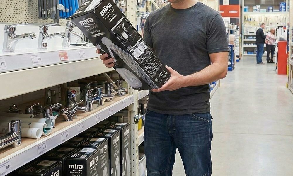 A person looking at products in printed cardboard boxes in a large DIY store