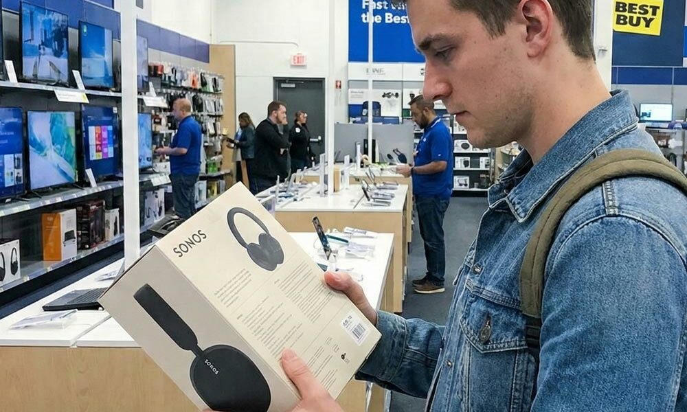 A person looking at printed cardboard packaging in a retail store