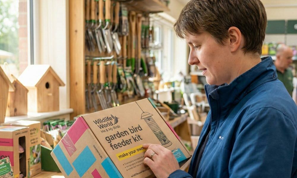 A person in a retail store looking at products in printed cardboard boxes