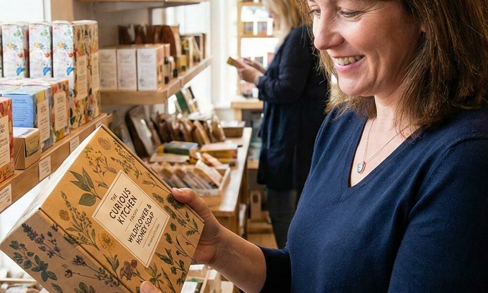 A person looking at retail packaging in a shop