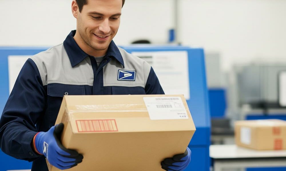 Royal Mail large parcel boxes A person holding a Royal Mail large parcel box in a sorting office