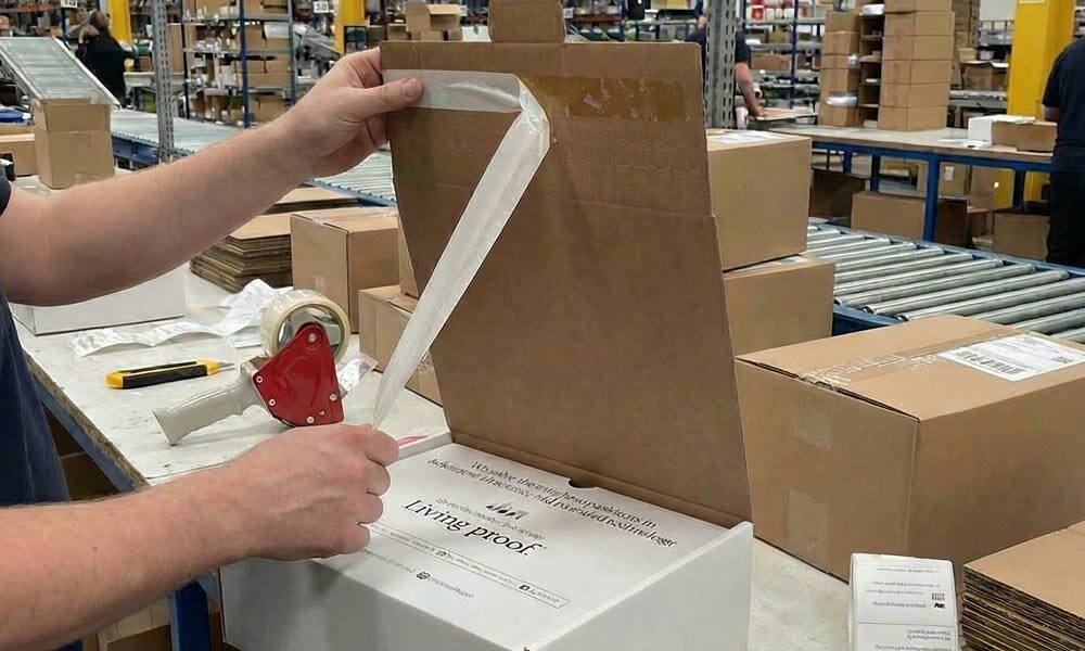 A person removing the tape from a self-seal box in a fufilment centre