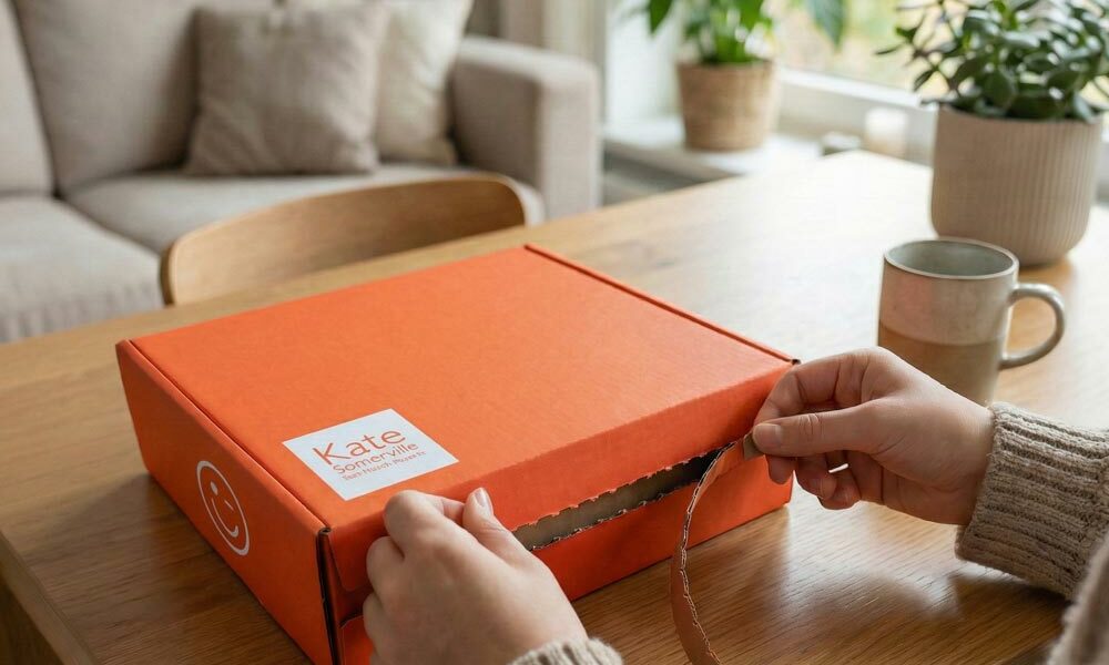 A person opening a self seal packaging box in their home