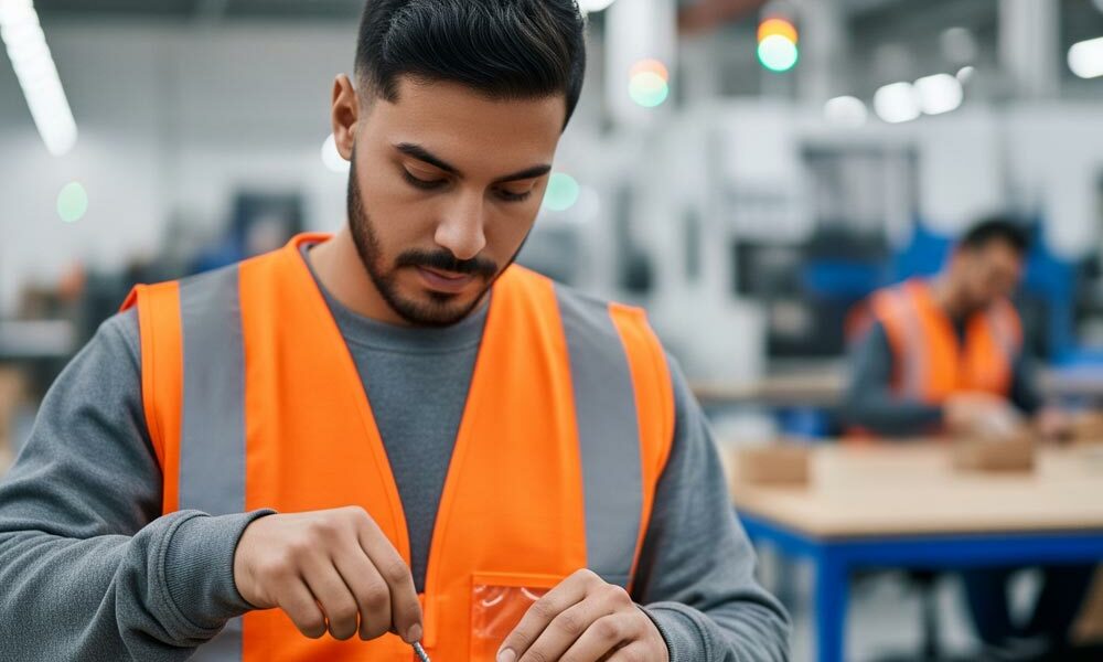 A person packing screws in solid fibreboard boxes