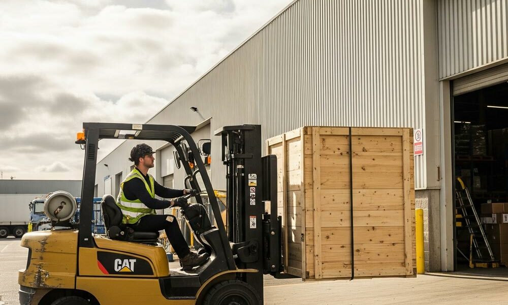 A person moving large timber packaging with a forklift.