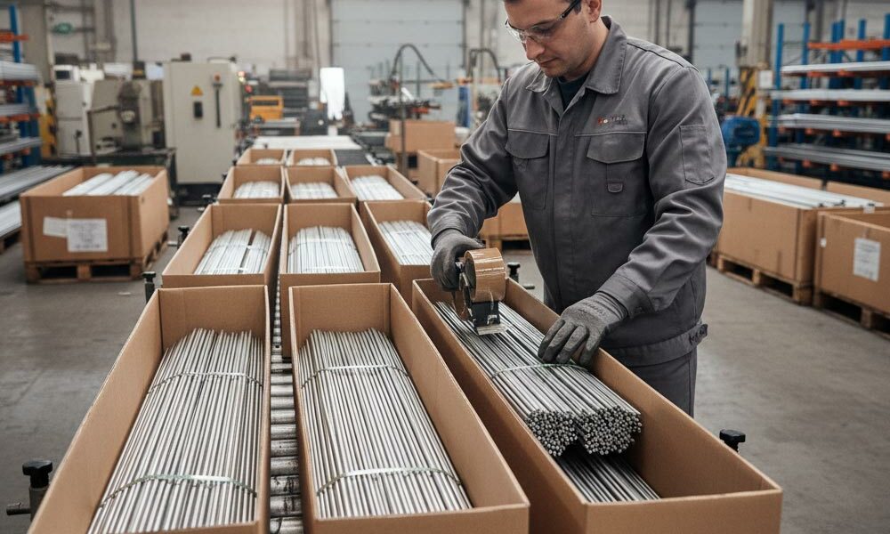 A person placing metal rods into VCI packaging in a factory