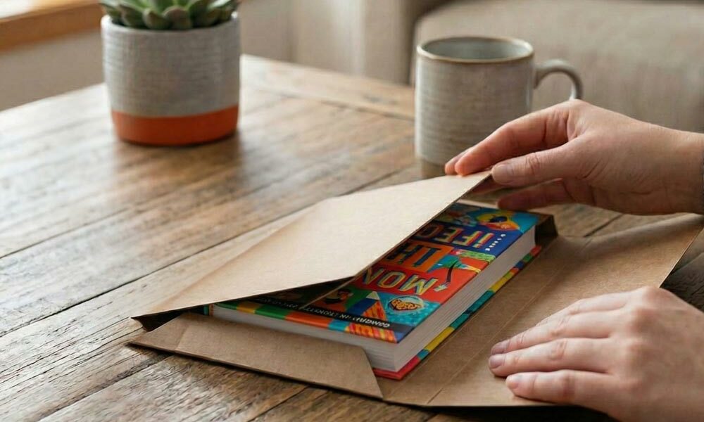 A person taking a hardback book out of a cardboard book wrap