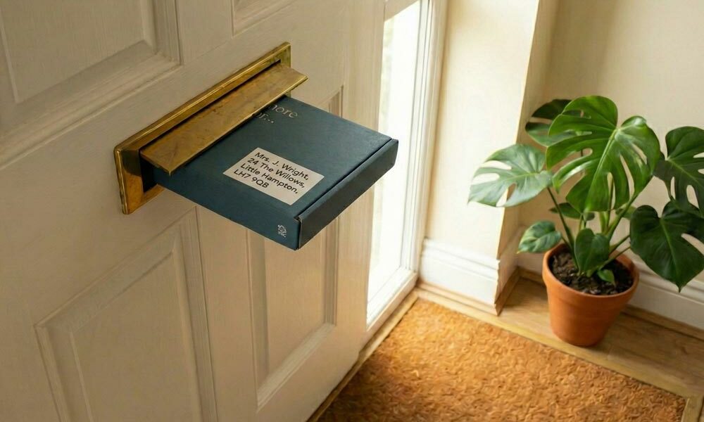 A cardboard letterbox pack dropping through the door of a person's house