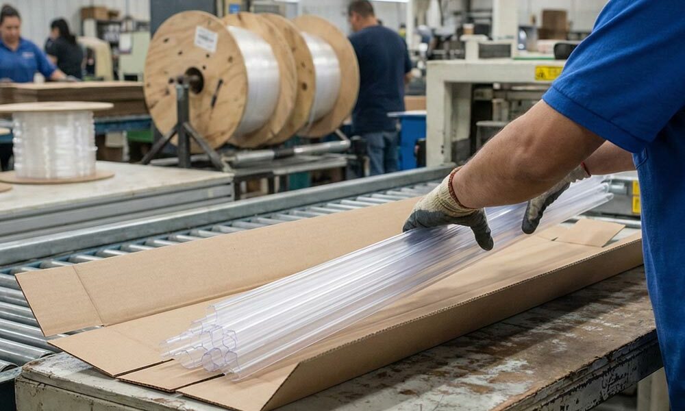 Cardboard wraps A person packing lengths of material in a cardboard wrap