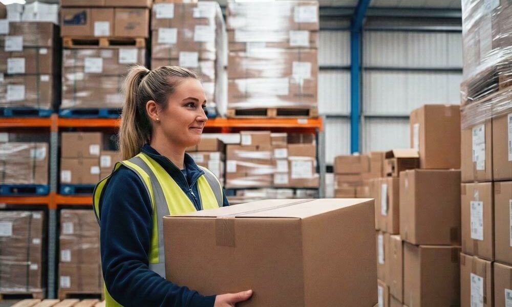 A person carrying corrugated boxes in a warehouse