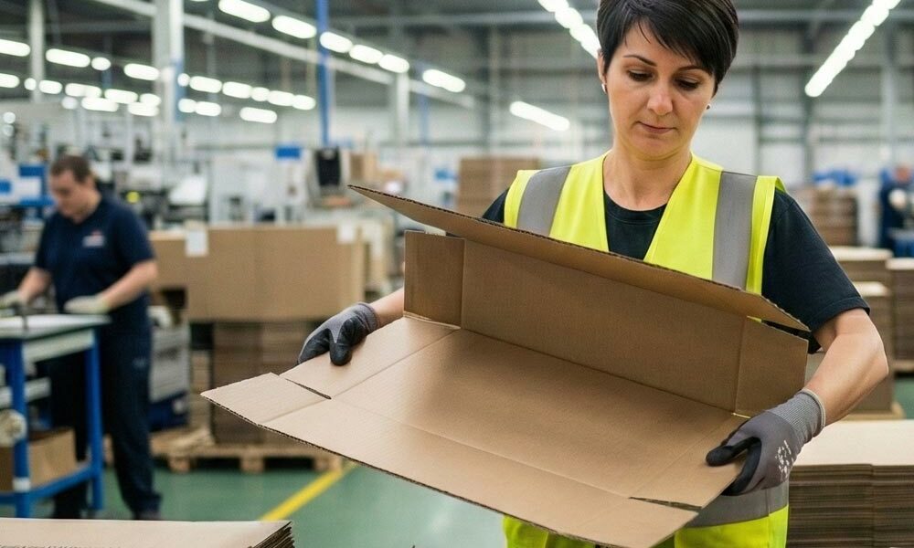 Corrugated wraps A person assembling corrugated wraps in a factory