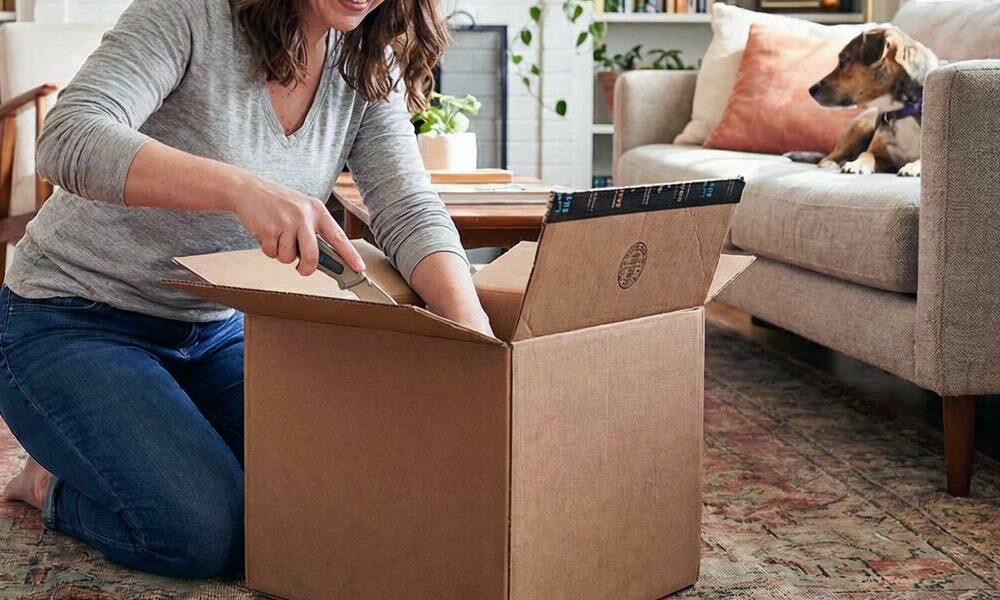 A person opening custom corrugated packaging in their home