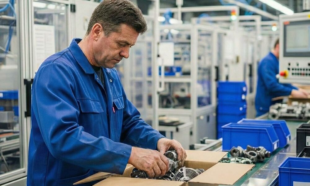 Custom double-wall cardboard boxes A person placing items into custom double-wall cardboard boxes on a production line