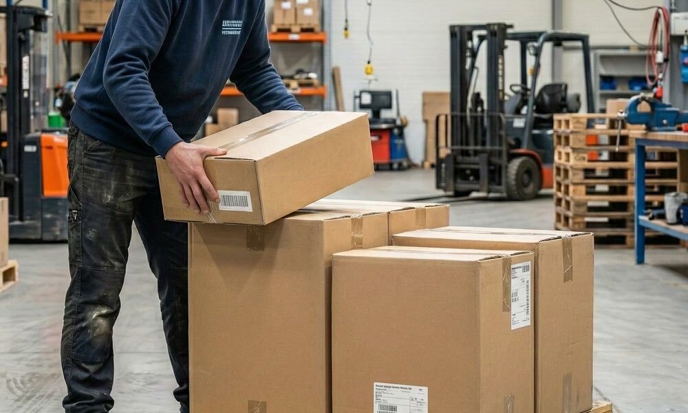 Double-wall shipping boxes A person stacking double-wall shipping boxes