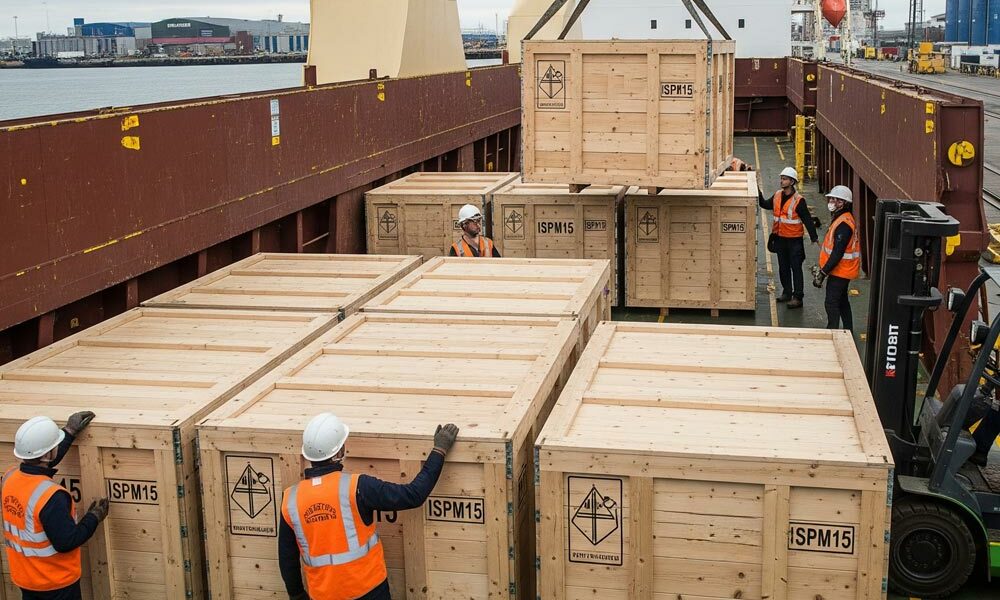 Export packaging Export packaging being loaded onto a ship.