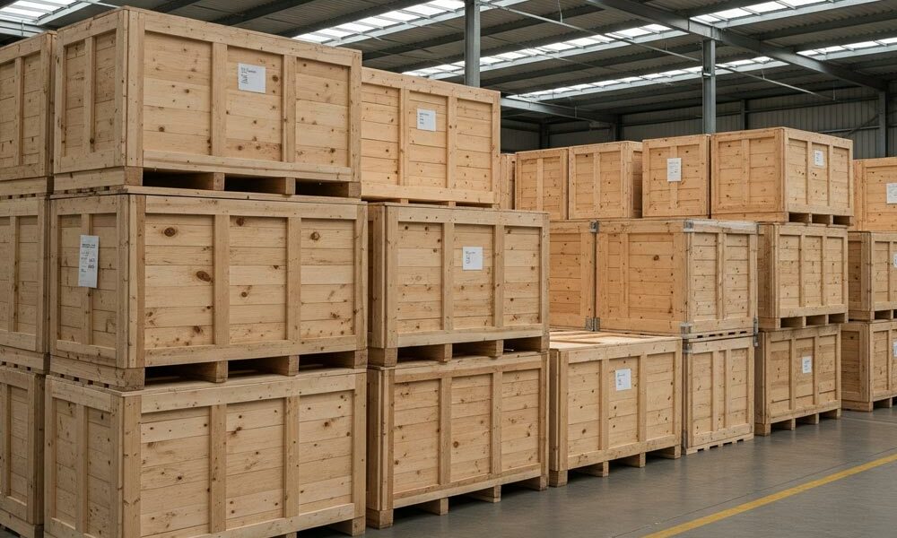 Export packing crates Export packing crates stacked in a warehouse.