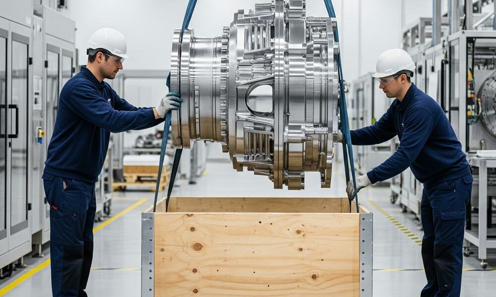 Industrial export packaging A large engine being lowered into industrial export packaging.