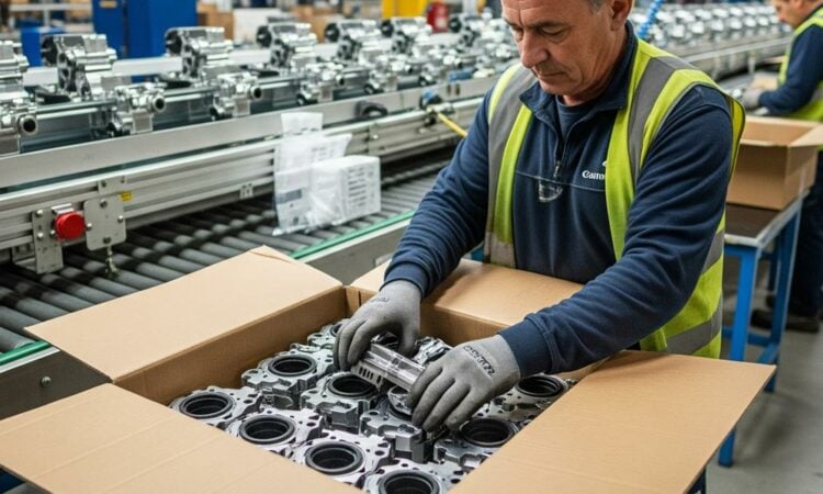 A person loading parts into industrial packaging