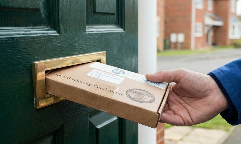 A courier delivering letterbox packaging to a persons home