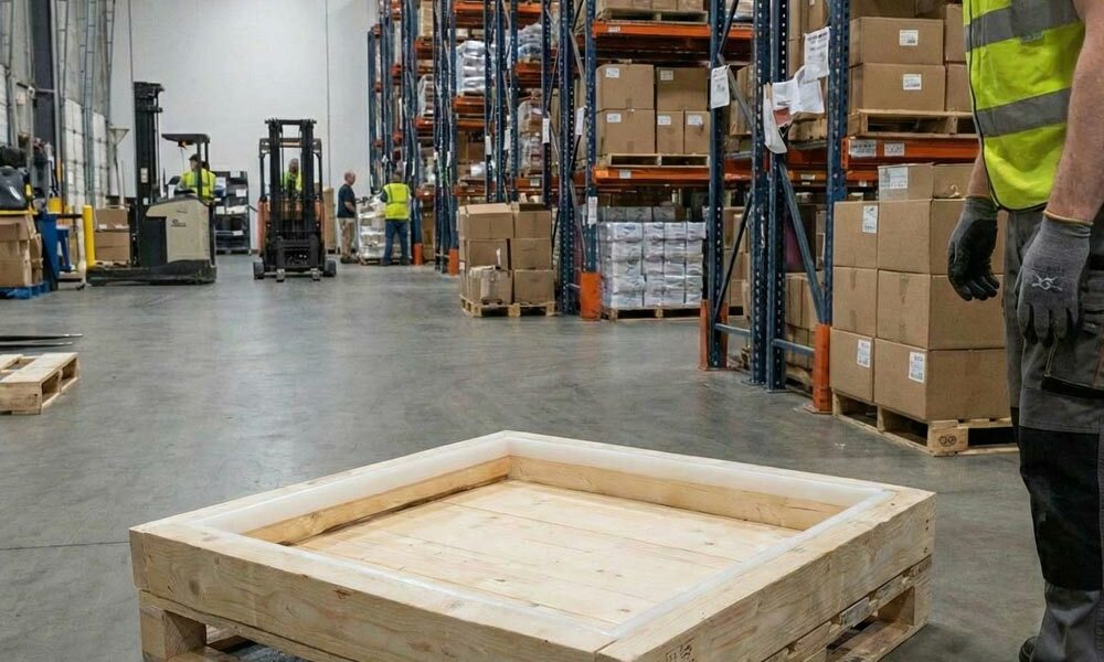 A wooden pallet collar in a warehouse