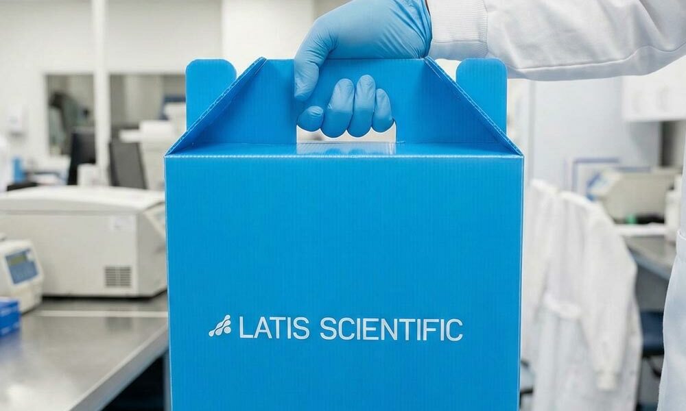A person holding a Correx gable box in a cleanroom