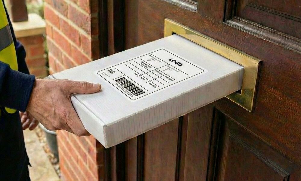 A courier posting a Correx postal box through a letterbox