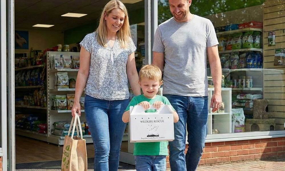 A child with their familiy carrying a corrugated plastic gable box out of a pet shop