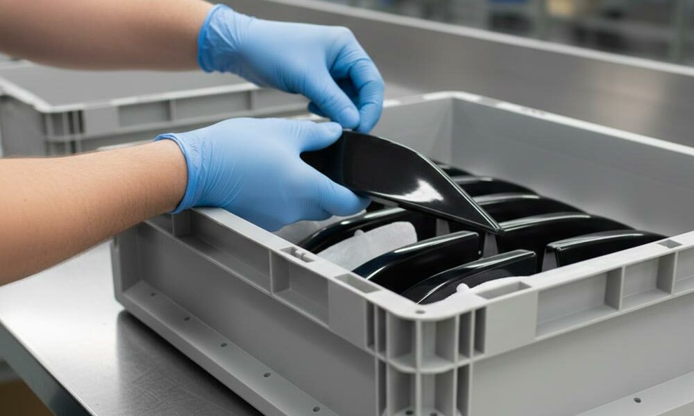 Custom Euro container inserts A person placing automotive parts into custom Euro container inserts in a factory