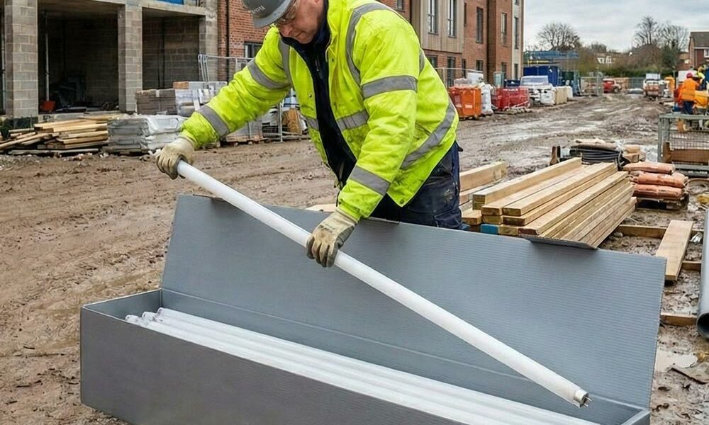 A person placing a fluorescent lamp into a recycling box on a building site