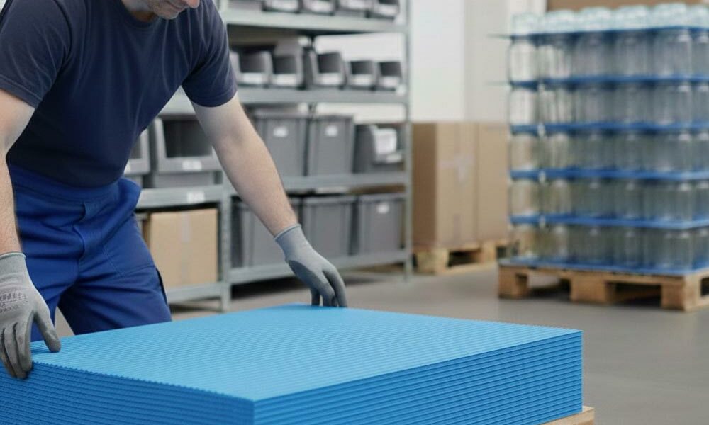 A person using plastic layer pads for pallets in a warehouse.