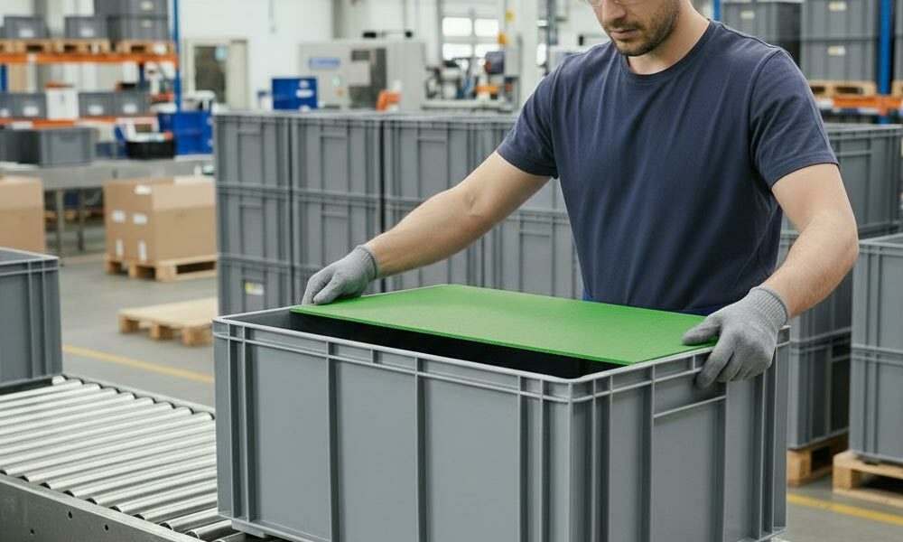 A person placing a Correx layer pad in a totebox in a factory.