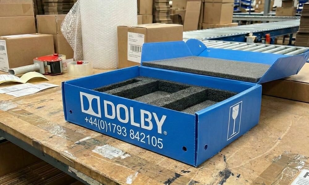A reusable postal box on a packing bench in a fulfilment centre