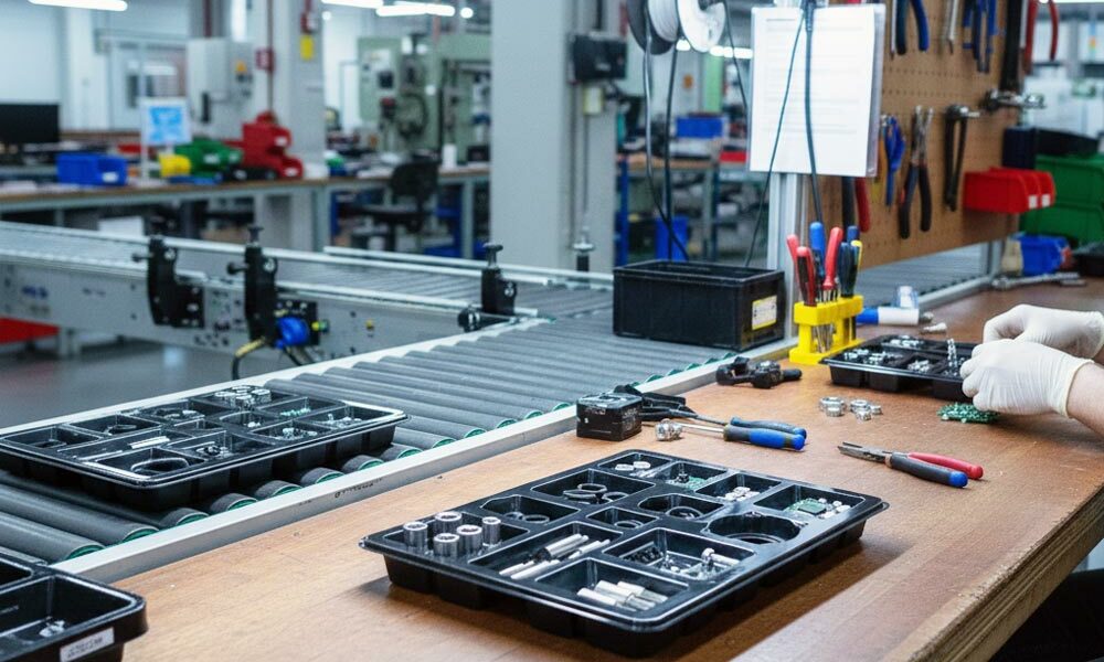 A conductive kitting tray on a workbench in an electronics factory