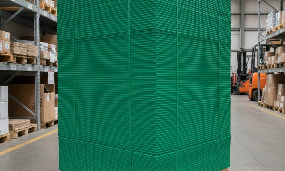A stack of green Correx boards on a pallet in a warehouse