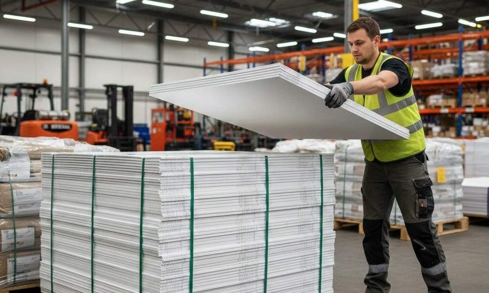 A person stacking corrugated plastic board on a pallet in a warehouse