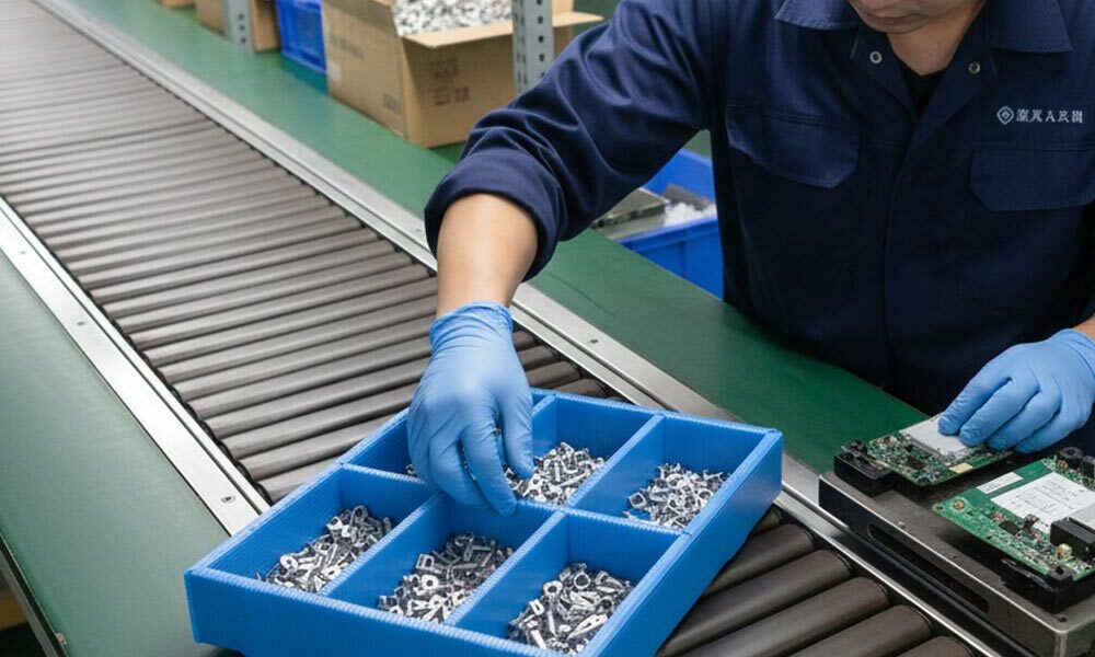 A person taking parts out of a corrugated plastic kitting tray on an assembly line