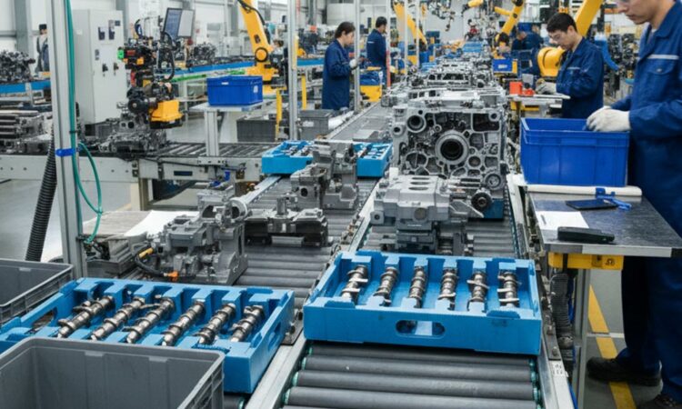 Industrial plastic trays containing automotive parts on a prduction line
