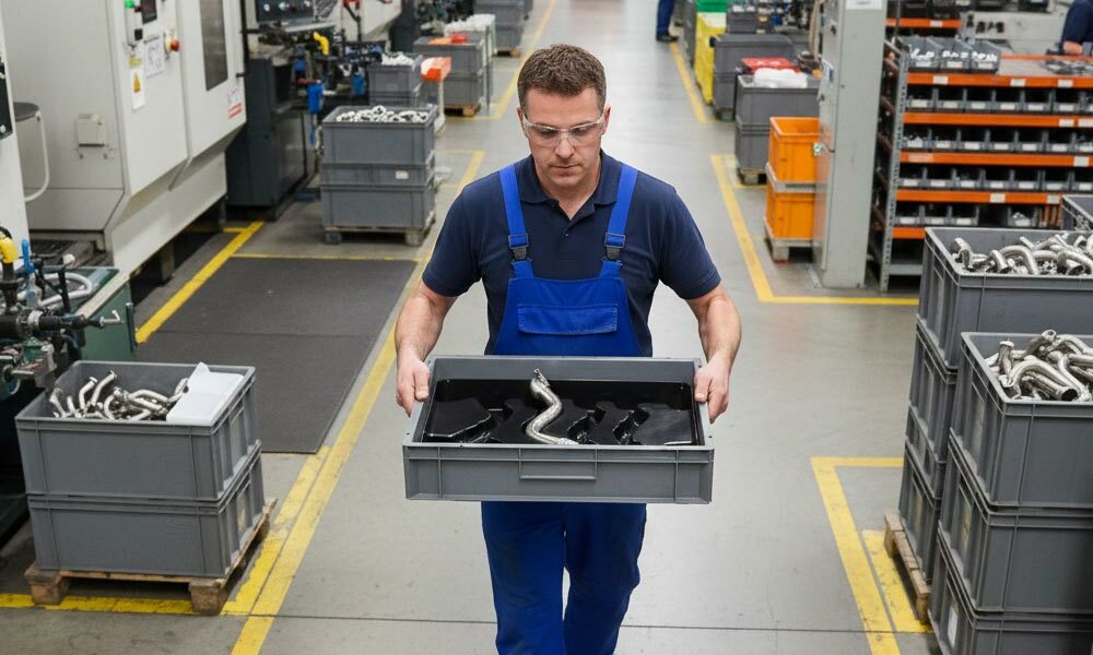 A person carrying a vac formed tote tray through a factory